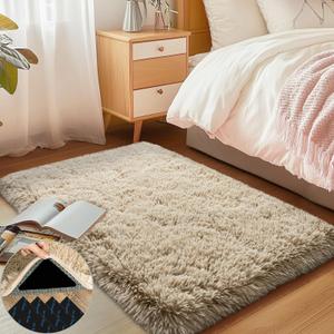 2x3 Area Rug for Bedroom, Small Rugs for Living Room Nursery Kids Room Dorm Home Decor Aesthetic, Fluffy Shaggy Rug with 4 Anti-Slip Carpet Tapes, Light Tan
