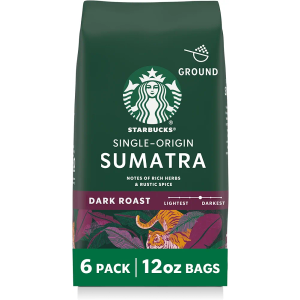 100% Arabica ground coffee; Dark Roast Single-Origin Sumatra; 6 bags, 12 oz each (72 oz total) Exp: 06/26/2026