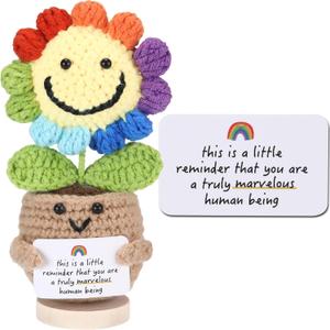Sea Team Handmade Positive Rainbow Flower Crochet Doll with Emotional Support Card, Knitted Artificial Flower, Christmas Decoration, Appreciation Gift for Coworker, Friend, Bestie, Teacher (Small)
