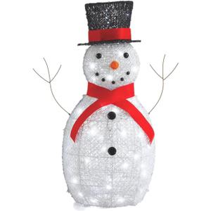 Pre-Lit Metal Snowman with Top Hat Christmas Decoration with Bright LED Lights, Outdoor Holiday Lawn Decoration, White with Red Scarf
