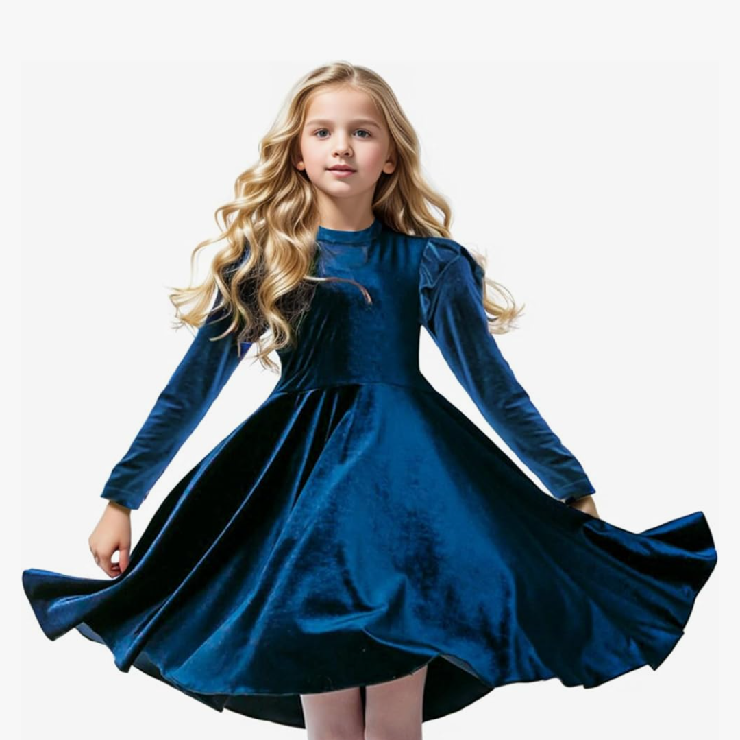 Girls Velvet Dress Ruffled Long Sleeve Casual Spring Fall Dress Princess Christmas Party Dress Winter Outfits Size 7/8