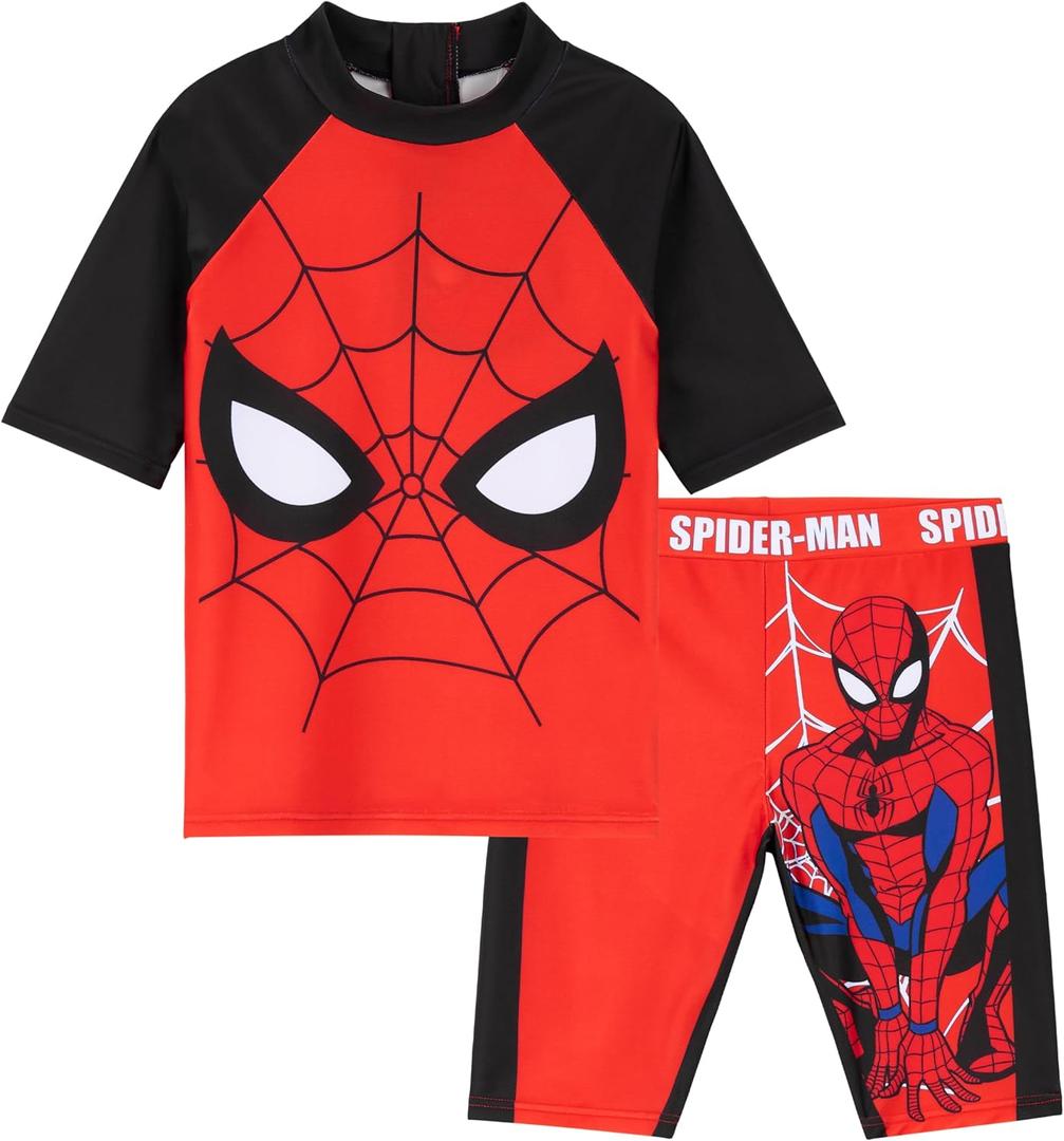 Marvel Spiderman Rash Guard Set, Summer Vacation Essentials for Kids, Childrens Swimwear Full Body Beachwear (7-8 Years, Red/Black)