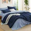 Bedsure Queen Comforter Set - 7 Pieces Navy Queen Bedding Set for All Seasons, Boho Contrasting Design Bed in a Bag with Comforter, Sheets, Pillowcases & Shams