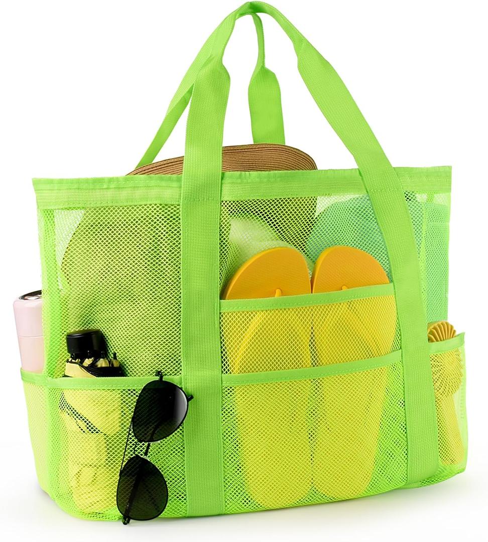 CaCTOUR Mesh Beach Bag,Large Beach Bags for Women with 8 Pockets,Packable Tote Bag for Beach Cruise Pool Vacation Essentials