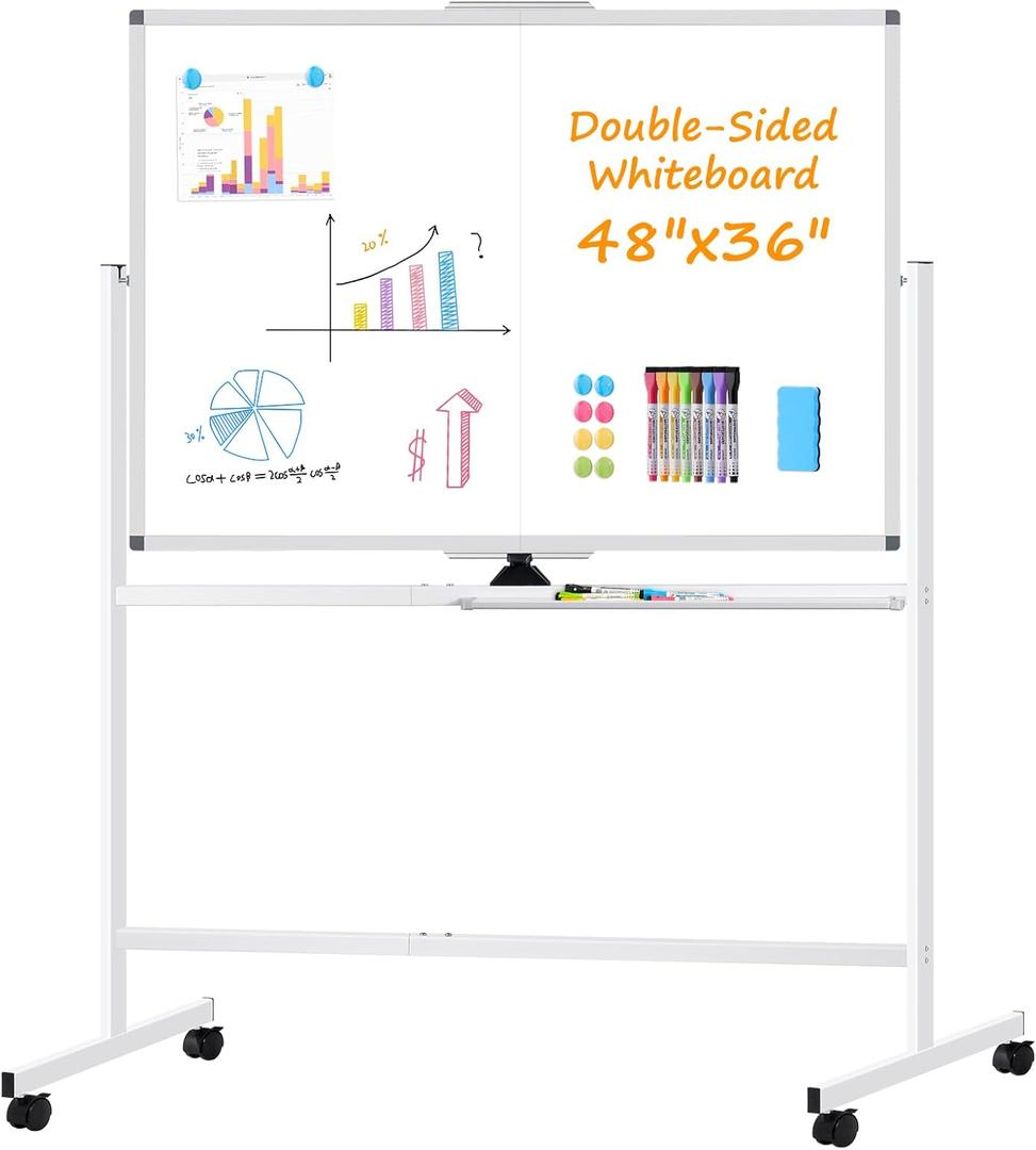 WALGLASS Rolling Dry Erase Whiteboard, 48"x36" Double-Sided White Board on Wheels, Large Portable White Board with Stand, Mobile Standing Whiteboards for Office, Home, School, Classroom 4x3 ft