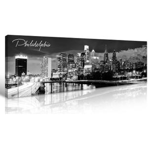 DJSYLIFE Philadelphia Skyline Canvas Art - 13.8"x47.3" Black & White Cityscape Wall Decor, Modern Panoramic Night View Print for Living Room, Office, Bedroom - Ready to Hang