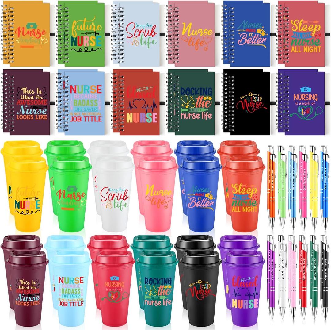 Skylety 72 Pcs CNA Week Gifts Bulk Nurse Appreciation Gifts 16 oz Plastic Tumblers with Lids Reusable Holiday Coffee Cup Motivational Notebooks Thank you Pens for Nursing Women(Classic Style)