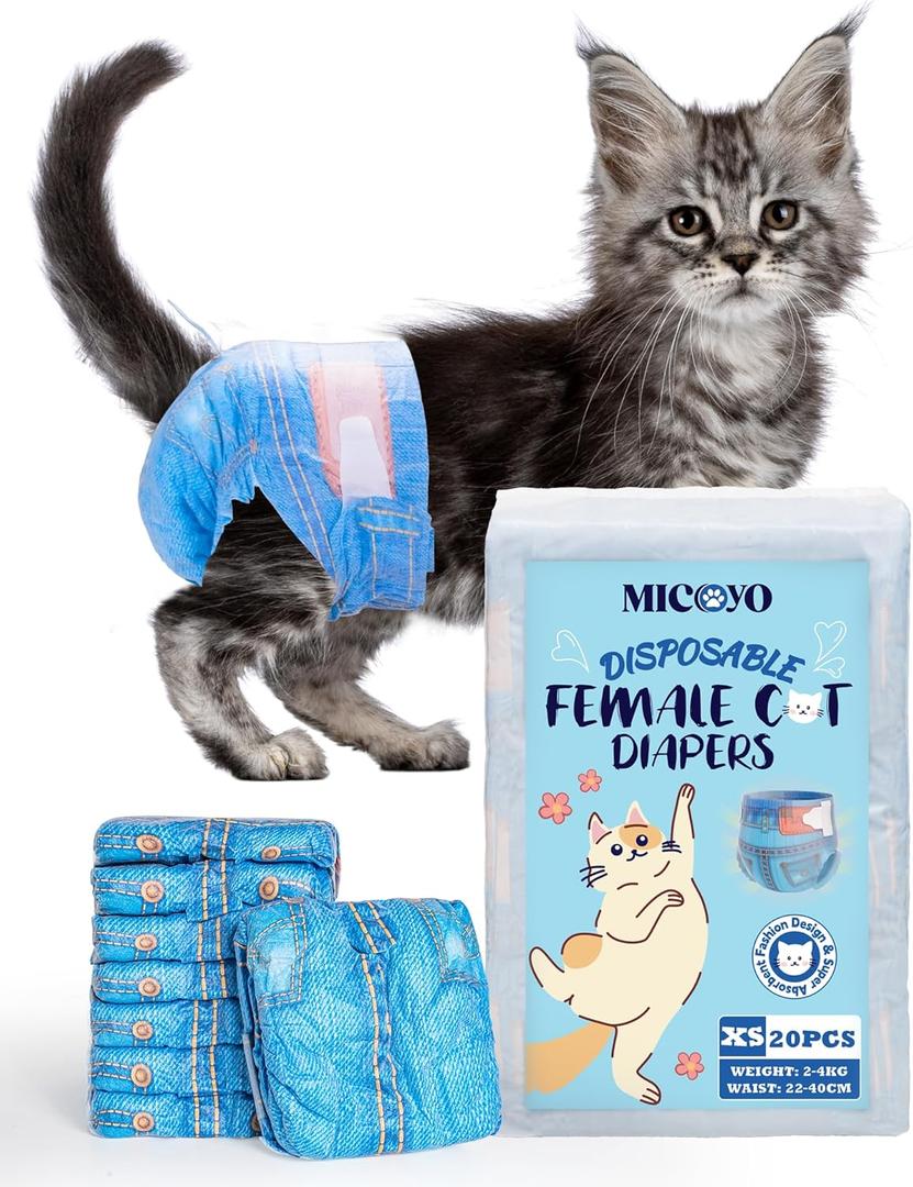 MICOOYO Disposable Cat Diapers, Cat Diapers for Female Cats with Ultra Stretchy, Puppy Diaper Super Absorbent, Fit for Cats in Heat or Incontinence, 20 Count Extra Small Size (XS)