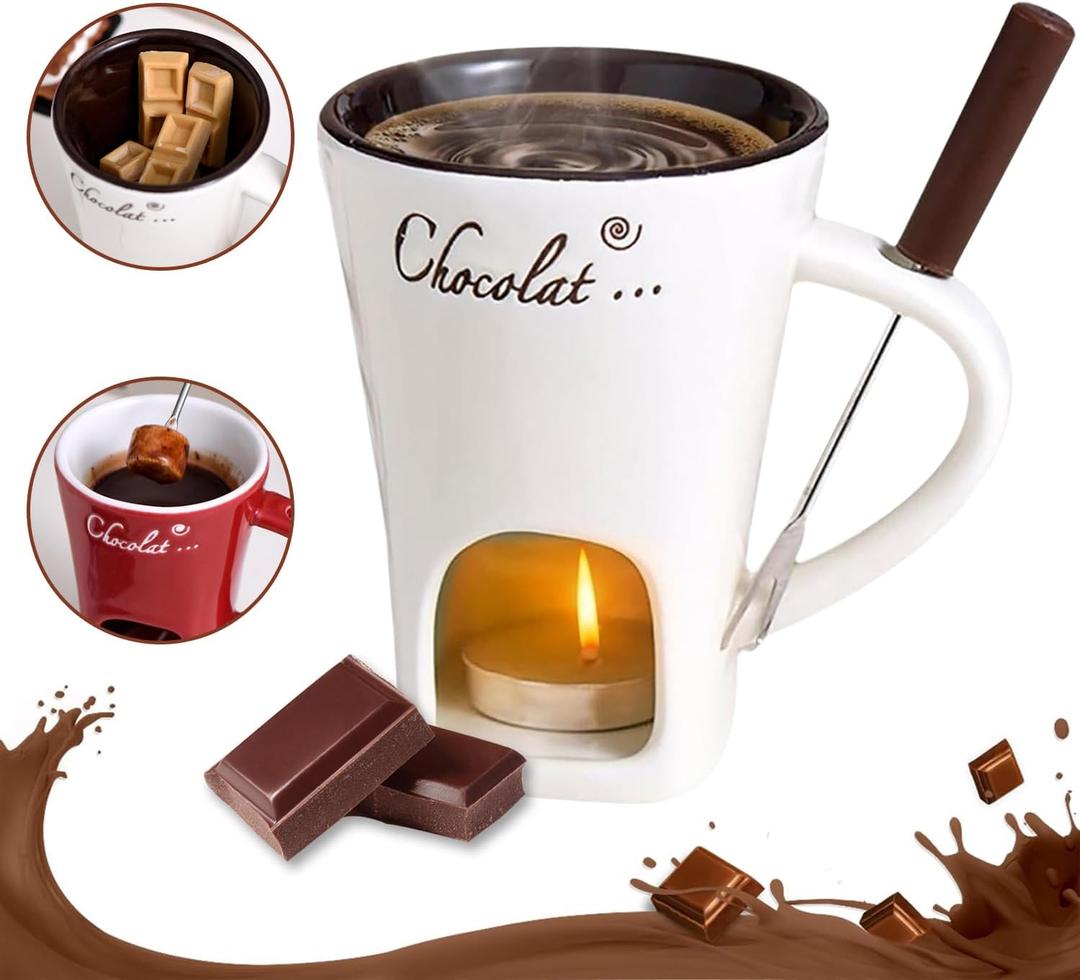 Chocolate Fondue Mugs Contain Fondue Bliss Cup & Forks, Chocolate Melting Cup, Mini Chocolate Fondue Set Without Tealights, Fondue Cups With Forks For Date Night Birthday Wedding Gifts (White)