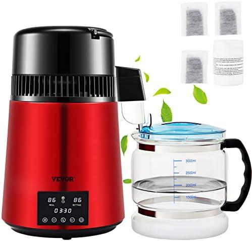 VEVOR 1.1Gal Water Distiller, 0.3Gal/H, Distilled Water Maker Machine 750W 0-99H Timing Dual Temp Display, 304 Stainless Steel Countertop Distiller Glass Carafe Cleaning Powder 3 Carbon Packs, Red