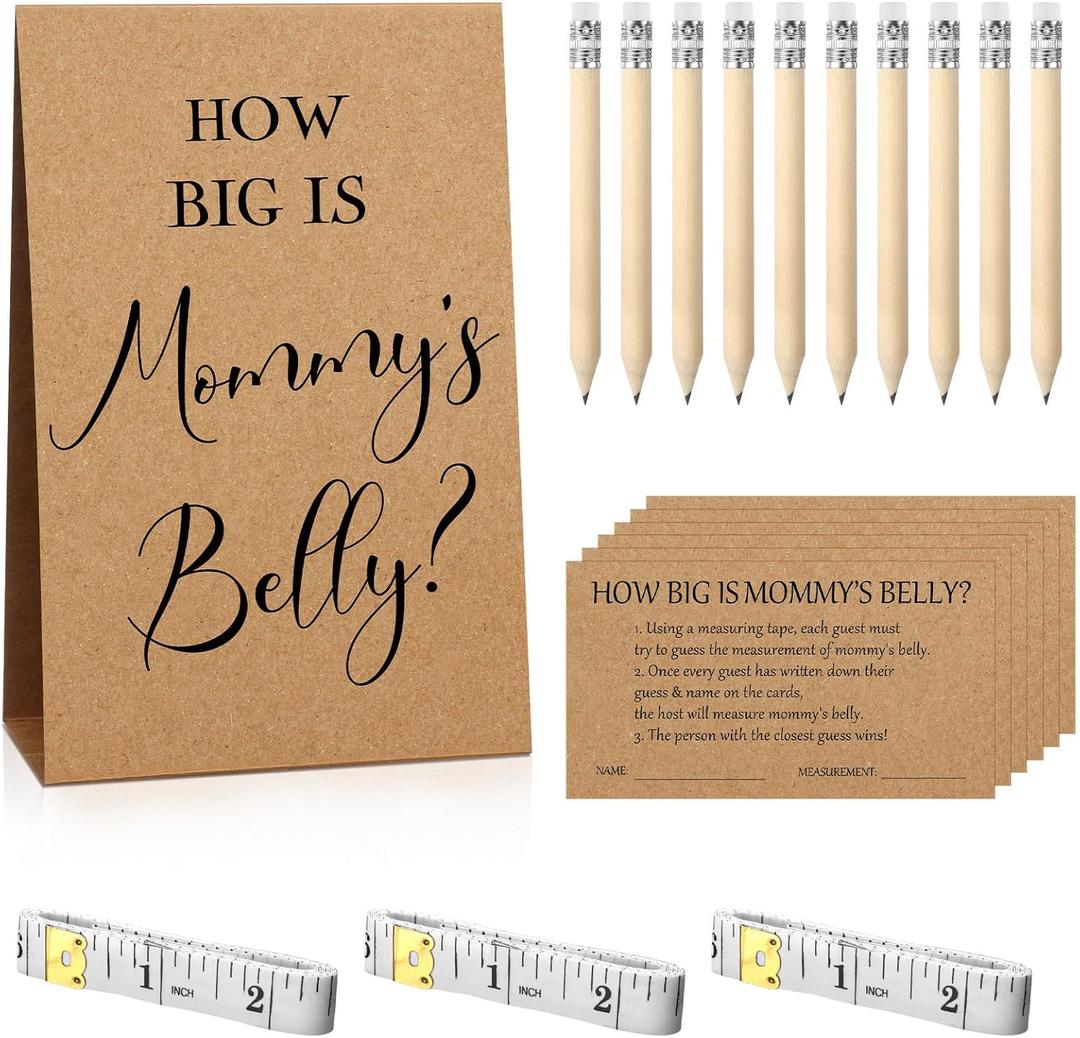 Sabary 64 Pcs Baby Shower Games Include How Big is Mommy's Belly Sign Measure Bump Game 50 Cards 10 Pencils 3 Measuring Tapes for Baby Shower Gender Reveal Party Supplies(Kraft)