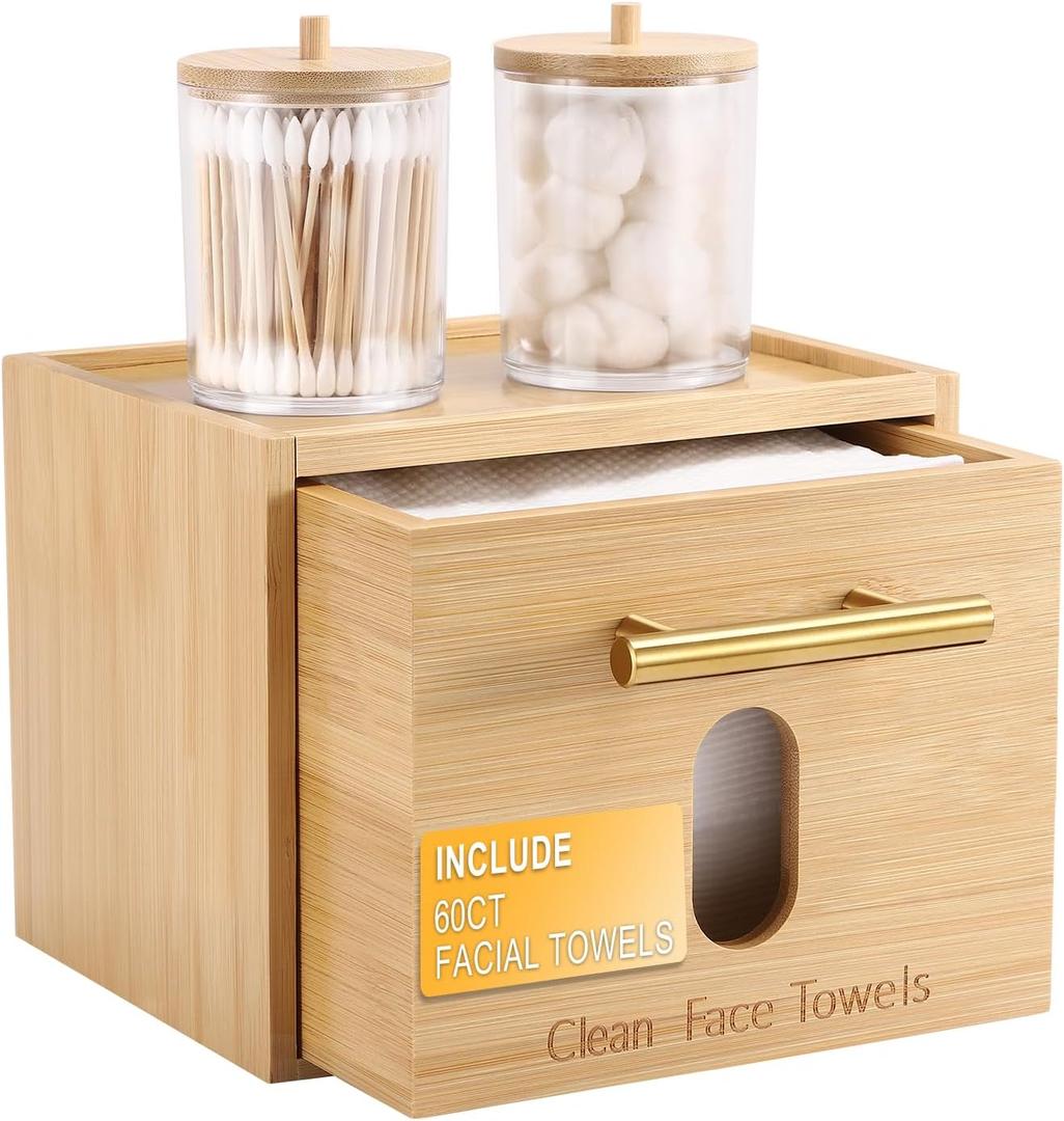 Disposable Face Towel Holder Bamboo Storage Box with 60 XL Towels, Cotton Balls Holders, Facial Towels Container Box with Drawer, Towel XL Organizer for Bathroom, Makeup Remover Dry Wipes Washcloths