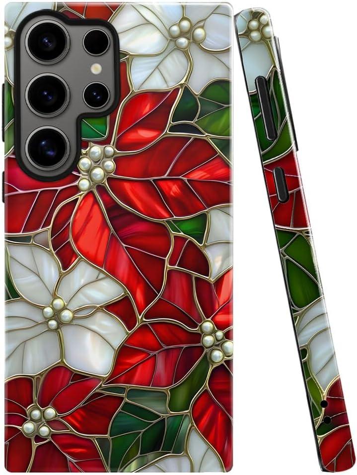 Case for Samsung Galaxy S23 Ultra,Poinsettia Stained Glass Christmas Floral Phone Case Military-Grade Drop Protection Cover for Women Girl - Glossy