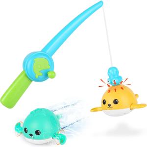 KINDIARY Bath Toys, Magnetic Fishing Games with Wind-up Swimming Whales, Water Table Pool Fun Time Bathtub Tub Toy for Toddlers Baby Kids Infant Girls Boys Age 1 2 3 4 5 6 Years Old