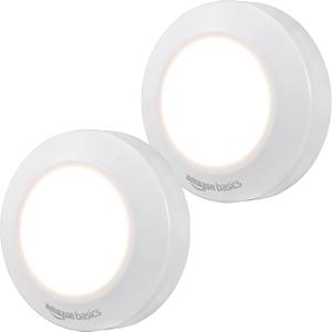 Amazon Basics LED Puck Lights, Battery Operated, 50 Lumens, Under Cabinet Lighting, Easy to Install, Easy to Use, Adhesive Backing, 2-Pack, White