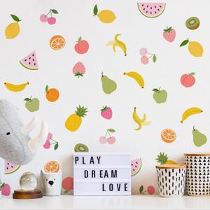Cartoon Fruit Wall Decals, Removable Fabric Wall Stickers, Colorful Multicolor Summer Fruits, Cute Small Fruit Leaf Peel and Stick Stickers for Nursery Kitchen Kids Room Wall Decor