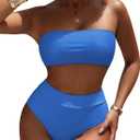 Pink Queen Women's High Waist Bikini Set Removable Strap Bandeau Two Piece Swimsuit Bathing Suit, Blue, L