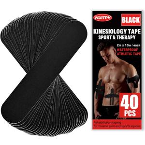 40PCS Precut Kinesiology Tape Strips, 2 inch x 10 inch Athletic Tape, Kinetic Tape, Elastic Muscle Tape, Sports Tape, Knee Tape for Exercise and Daily Use - Black
