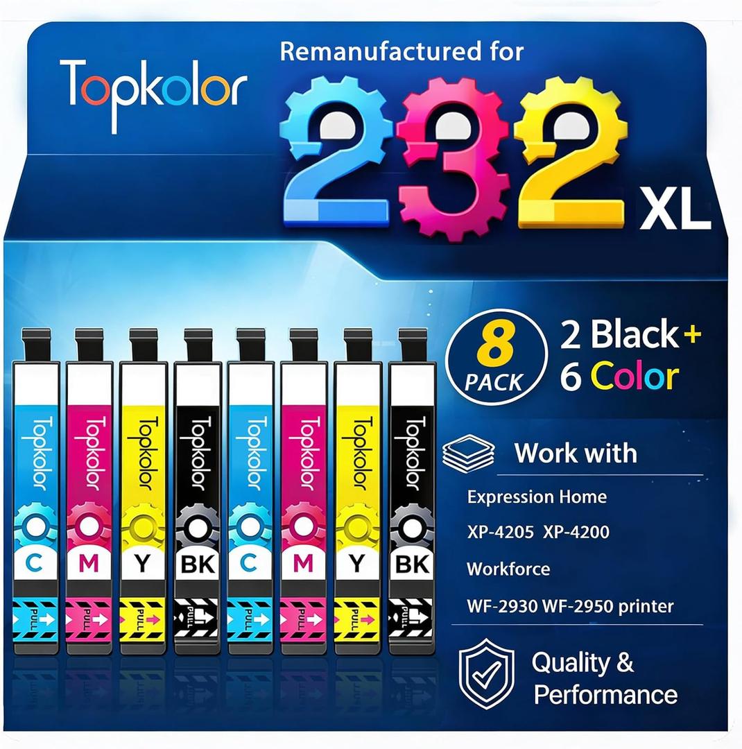 Remanufactured Replacement for Epson 232XL Ink Cartridges Combo Pack Latest Upgrade Chip High Yield for Expression Home XP-4200 XP-4205 WorkForce WF-2930 WF-2950 Printer 8 Pack (2BK 2C 2M 2Y)