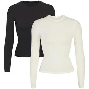 OIERD 2Piece Long Sleeve Shirts for Women Scoop Neck Long Sleeve Tops for Woman Fitted Basic Long Sleeve T Shirt Women Trendy Large