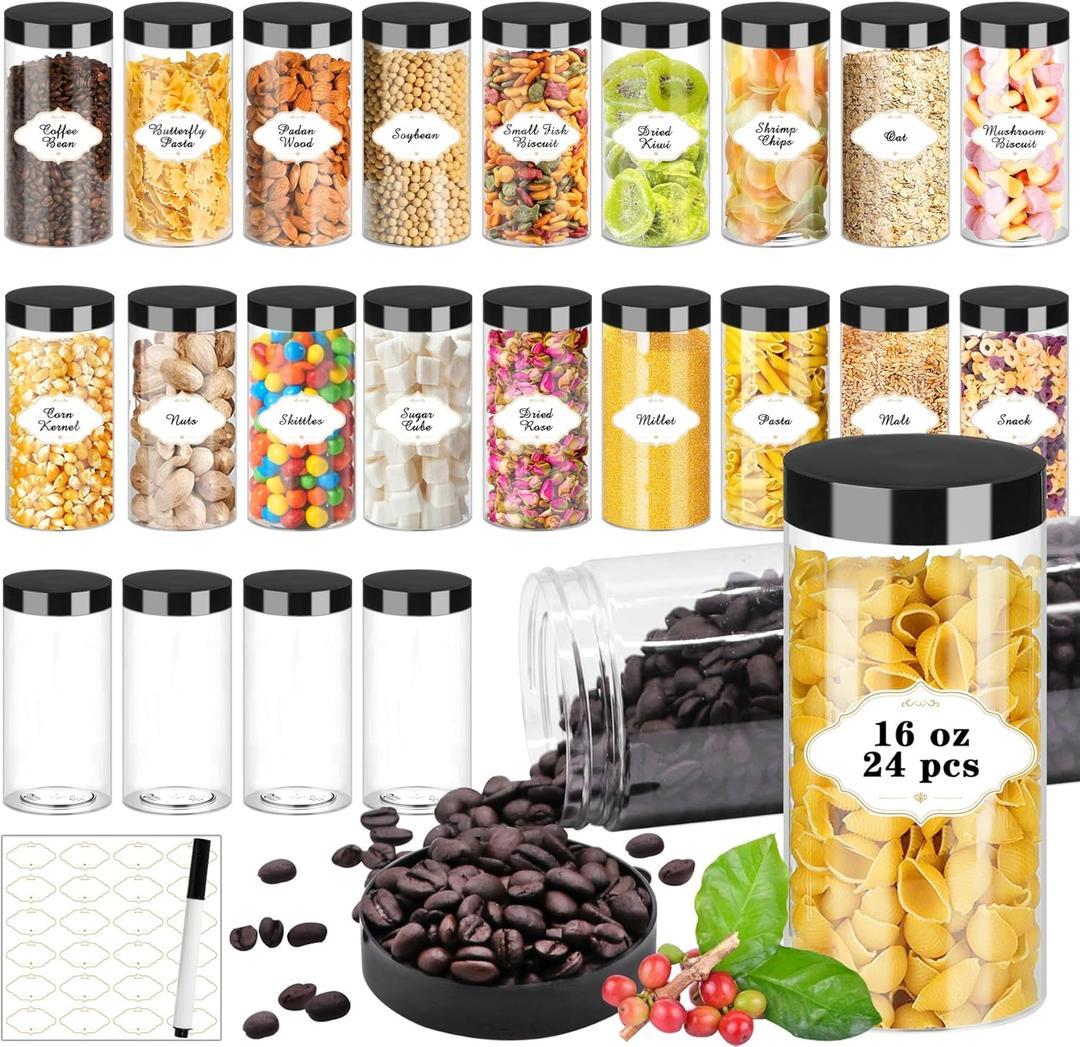 PeacePeo Plastic Jars with Lids 16 OZ, Plastic Jars 24 Pcs Slime Containers with Airtight Screw On Lids Leak Proof Clear Storage Containers Jar Empty for Kitchen & Household Food Storage