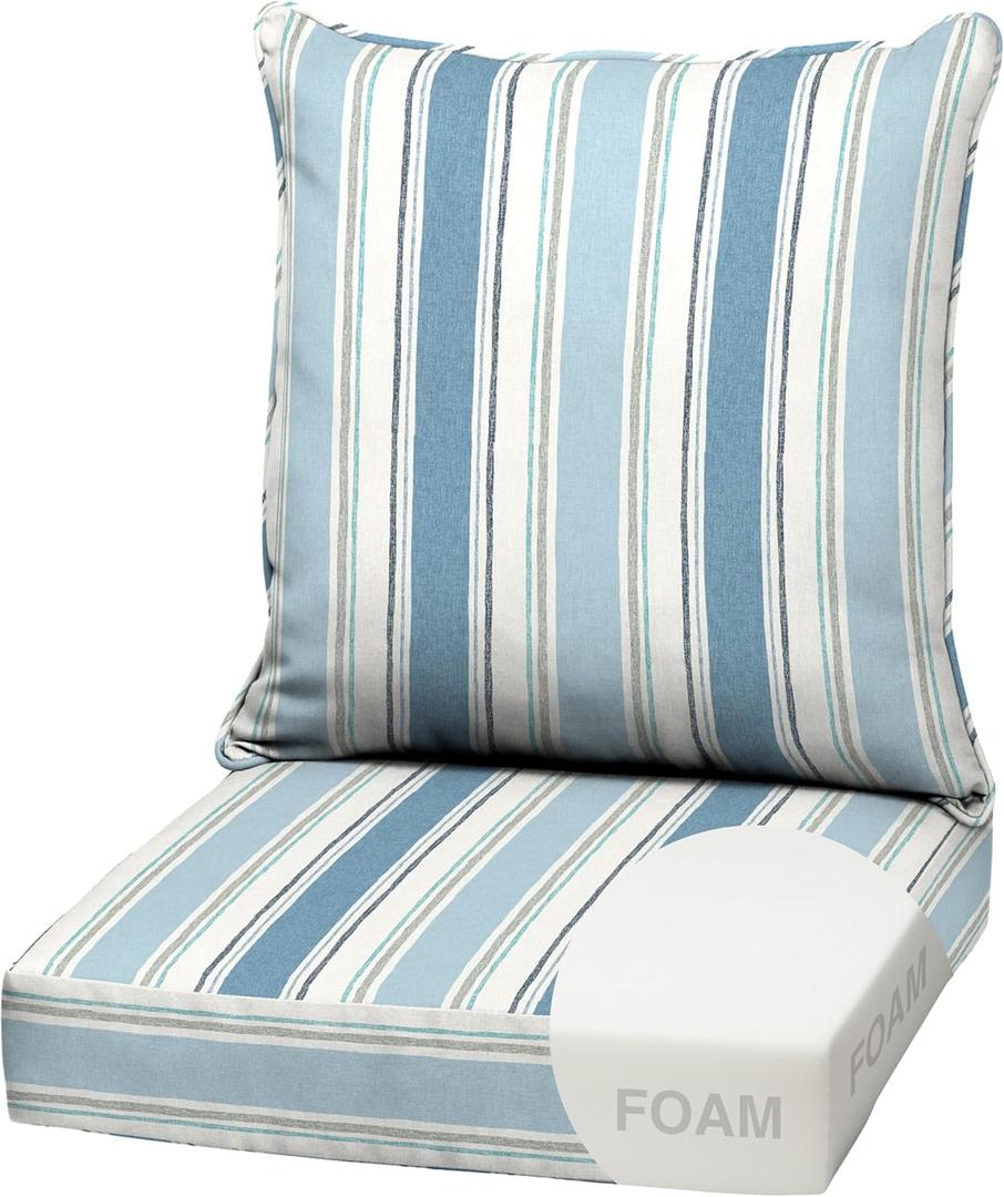 Arden Outdoor Foam Deep Seat Cushion Set, 22 in x 24 in, Weather-Proof, Rain-Proof, Fade Resistant Patio Cushion, Bottom and Back Cushion for Chair, Sofa, and Couch French Blue Linen Stripe
