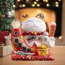 Lucky Statue Cat with Waving Arm-Chinese Ceramic, Japanese Fortune Cat,Large Moving Arm Good Luck Cat for Home, Office, Store Decor (YS1102)