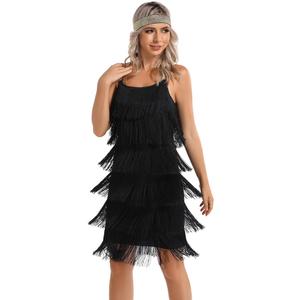 Women's Great Gatsby Flapper Spaghetti Tassel Dress with Headband, 20s Elegant Mini Dress Party Accessory COSTUME OUTFIT (M, Black)