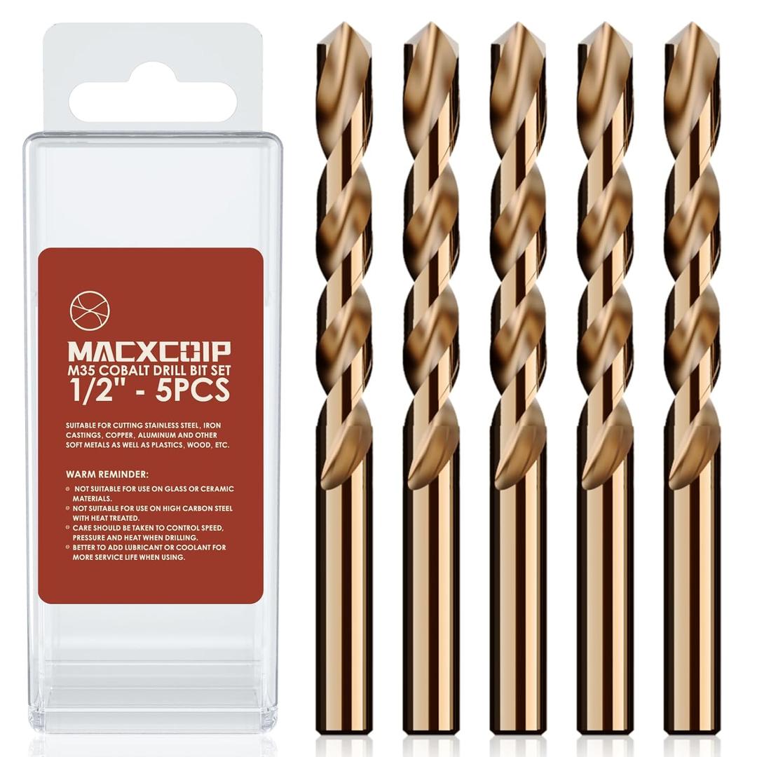 Cobalt Drill Bit Set, 1/2" (5pcs) M35 High Speed Steel Jobber Length Drill Bit Kit for Hardened Metal, Stainless Steel, Cast Iron, Wood and Plastic, with Index Storage Case