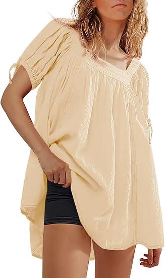 Tankaneo Womens Square Neck Babydoll Tops Summer Puff Short Sleeve Tunic Shirts Casual Loose Fit Blouse, XL, Beige