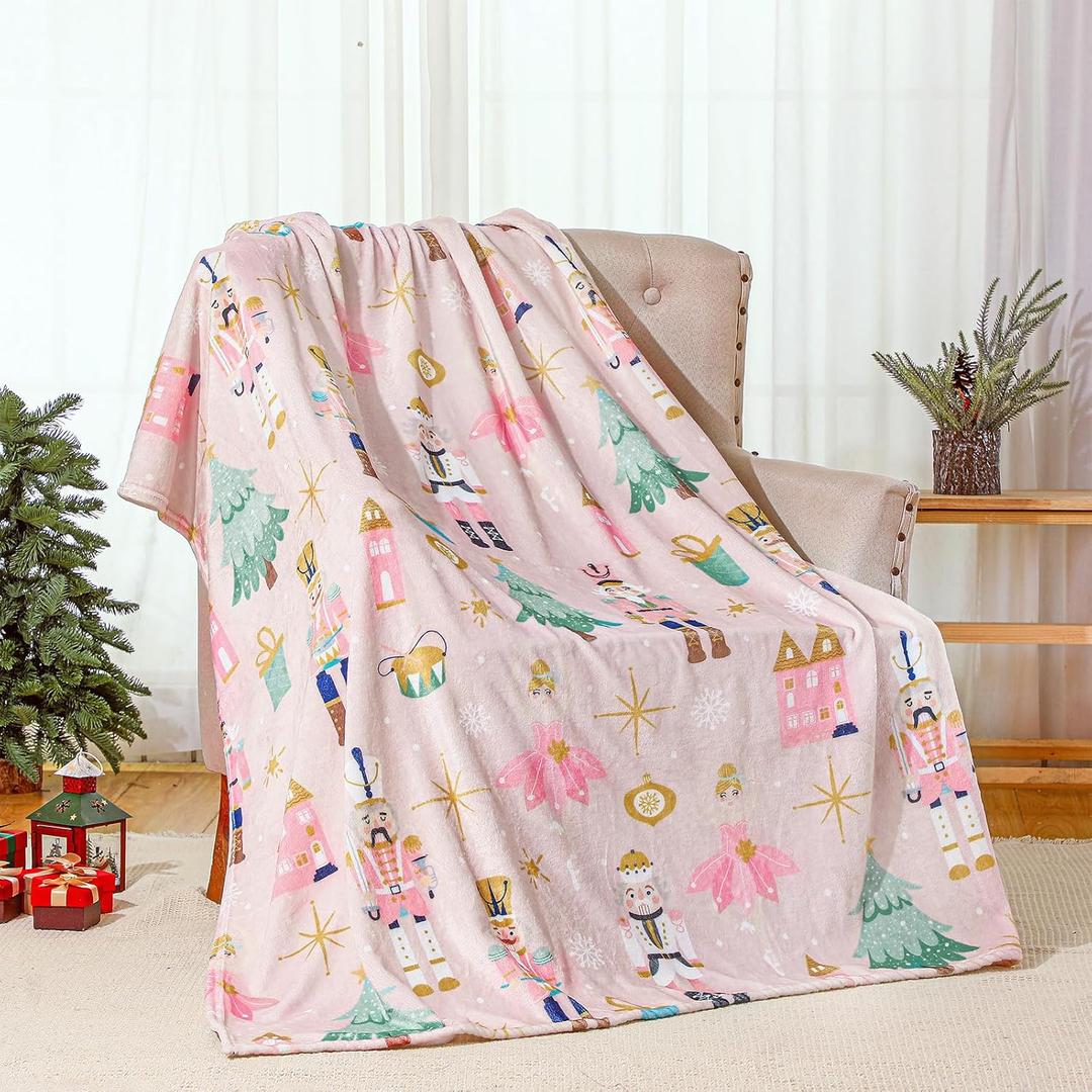 50 x 60 Inches Pink Nutcracker Christmas Throw Blanket Cute Soft Warm Lightweight Christmas Blanket for Sofa Bed Gift Decor