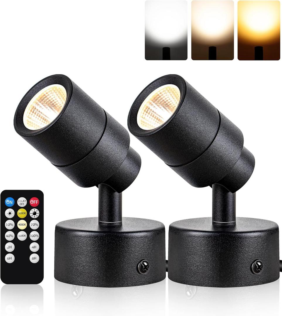 SUNVIE 2 Pack LED Dimmable Up Lights 3W Floor Spotlight with Timer and Remote 3000K/4000K/5000K Uplighting Spotlight 120V Uplights for Plants Artworks, 5.9 FT Plug Cord