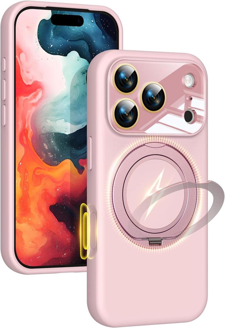 Silicone 360 Spin Magnetic Stand Case for iPhone 17 Pro Max, [Compatible with Mag-Safe][Reinforced Hard Camera Protection] Liquid Silicone Rubber Phone Cover with Ring, Camera Button, Pink