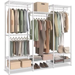 SONGMICS Portable Wardrobe Closet Heavy Duty Clothes Rack, Freestanding Closet Organizer, Metal Garment Rack with Adjustable Wire Shelves, Hanging Rods, Hooks, Dividable, Cloud White ULGR431W01
