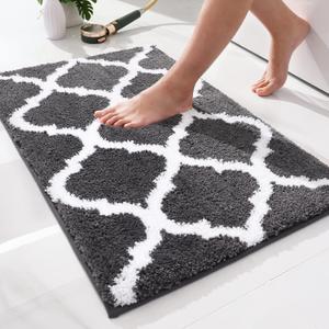 OLANLY Bathroom Rugs 24x16, Soft and Absorbent Microfiber Bath Rugs, Non-Slip Shaggy Shower Carpet, Machine Wash Dry, Bath Mats for Bathroom Floor, Tub and Shower, Dark Grey