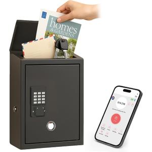 WeHere Mailbox with Electronic Lock, Wall Mount Locking MailBoxes for House, Metal Suggesion Box, Business Key Drop Box, OTP/Fixed Code/Key Unlock, Large Capacity, Black, 14x4x10in