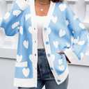 Saodimallsu Womens Oversized Heart Cardigan Color Block V Neck Button Long Sleeve Chunky Valentines Sweaters (Blue, L)