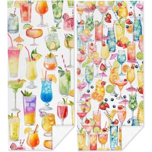 2 Pack Watercolor Cute Cocktails Fruit Drinks Beach Towel Microfiber Thin Lightweight Quick Dry Oversized Swim Towels Beach Accessories Cruise Vacation Necessities for Bath Pool Travel 32x71 inch