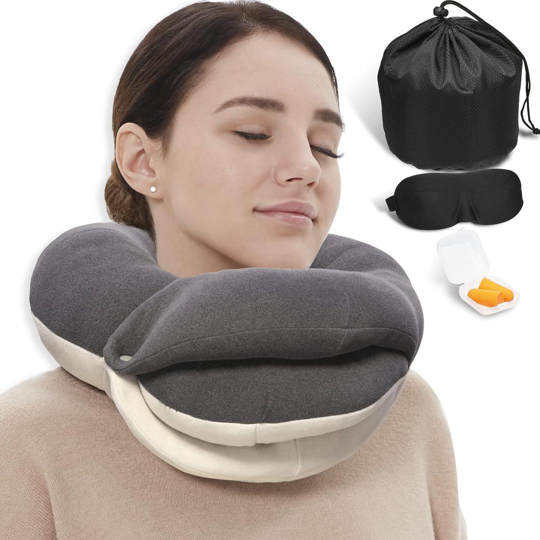 BUYUE Travel Neck Pillows for Airplanes, 360 Head Support Sleep for Long Flight, Skin-Friendly & Breathable, Kit with 3D Contoured Eye Mask, Earplugs and Storage Bag (Adult, Grey, 90+ lbs)