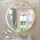 Keonjinn 36 Gold Round LED Mirror for Bathroom with Lights 3000K/4500K/6000K, Metal Framed Frontlighted Vanity Mirror Wall Mounted, Dimmable Makeup Mirror Touch Switch UL Listed CRI≥90