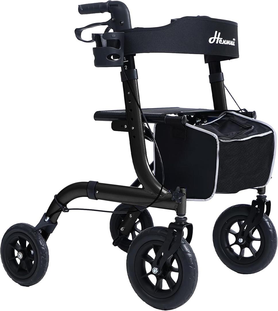 Henmnii Rollator Walker for Seniors, Lightweight Foldable All Terrain Rolling Walker with seat, Aluminum Walkers with 10 inch Rubber Wheels, Handles and Backrest for Seniors and Adult