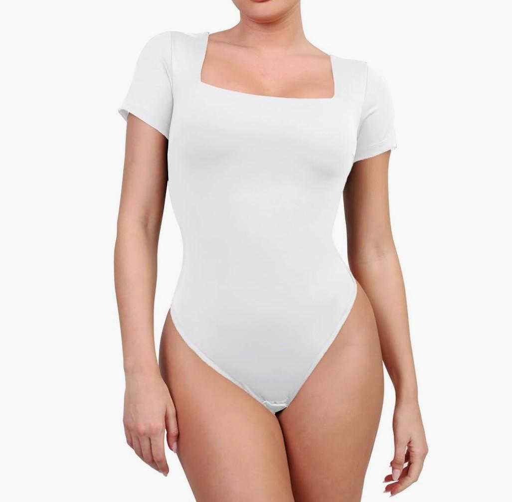 Popilush Shapewear Bodysuits for Women with Built In Bra Square Neck Short Sleeve Thong Body Suits Corset Tops, S