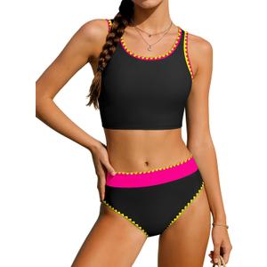 NECIOUS Girls Swimsuit Two Piece High Waist Sporty Bikini Sets Color Block Bathing Suit with Chest Pad Girls' Swimwear, size 15-16Y