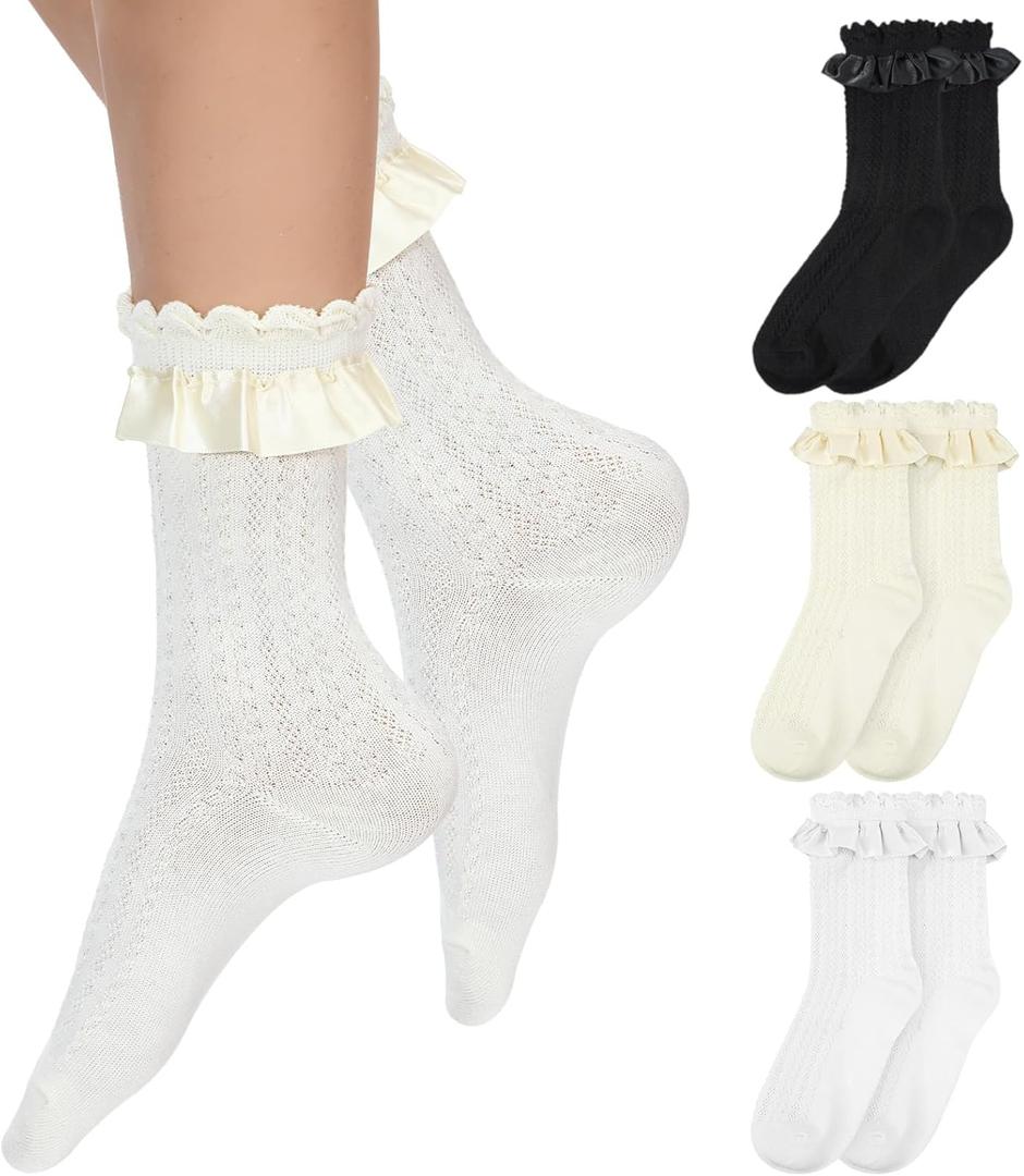 TIESOME 3 Pairs Crew Socks, Lace Ruffle Frilly Socks Cute Princess Ankle Dress Sock for Fashion Ladies
