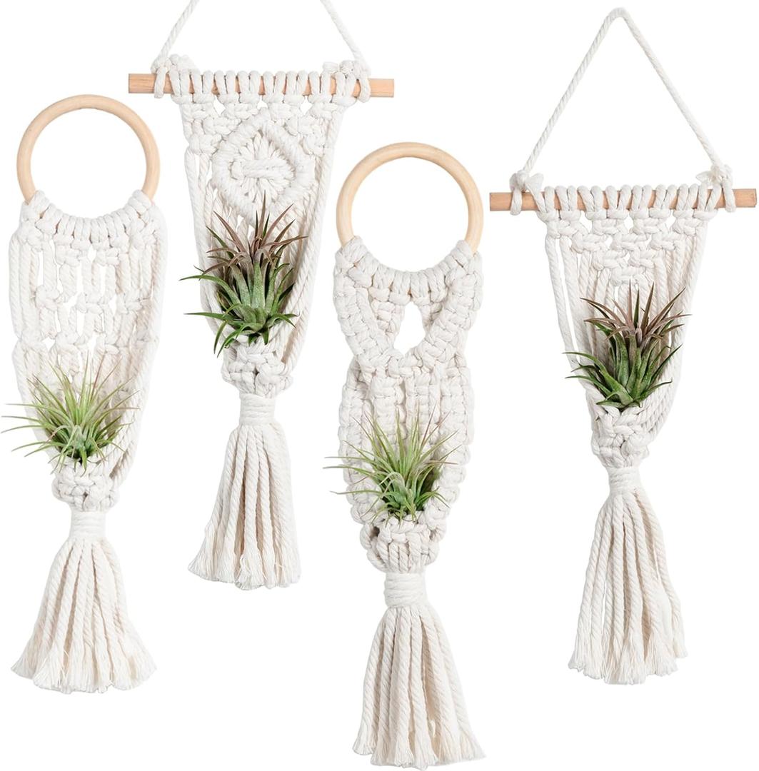 Melphoe 4 Pack Air Plants Holders Stand Air Fern Macrame Plant Hanger Indoor Hanging Planter Basket for Tillandsias Display, Boho Home Decoration Gift Idea
