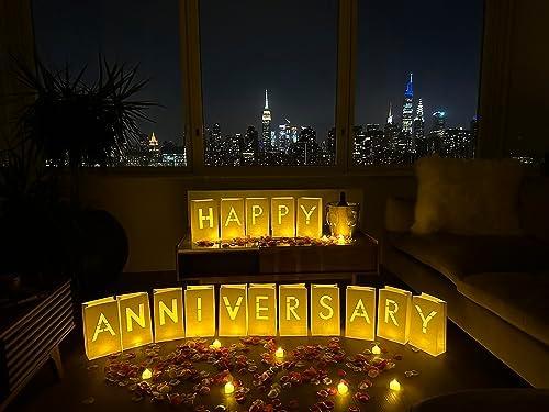 WYMM Happy Anniversary Decorations Light up Letters with Tea Lights Candles and Rose Petals Included - Luminary Paper Bags to be Used as Happy Anniversary Banner and Anniversary Decorations Romantic