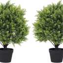 2ft Artificial Cedar Topiary Ball Trees Outdoor, 24" UV Resistant Faux Potted Plants Outside, Realistic Fake Greenery Evergreen Pine Cypress Bushes Shrubs for Front Porch Planter Indoor Decor Set of 2