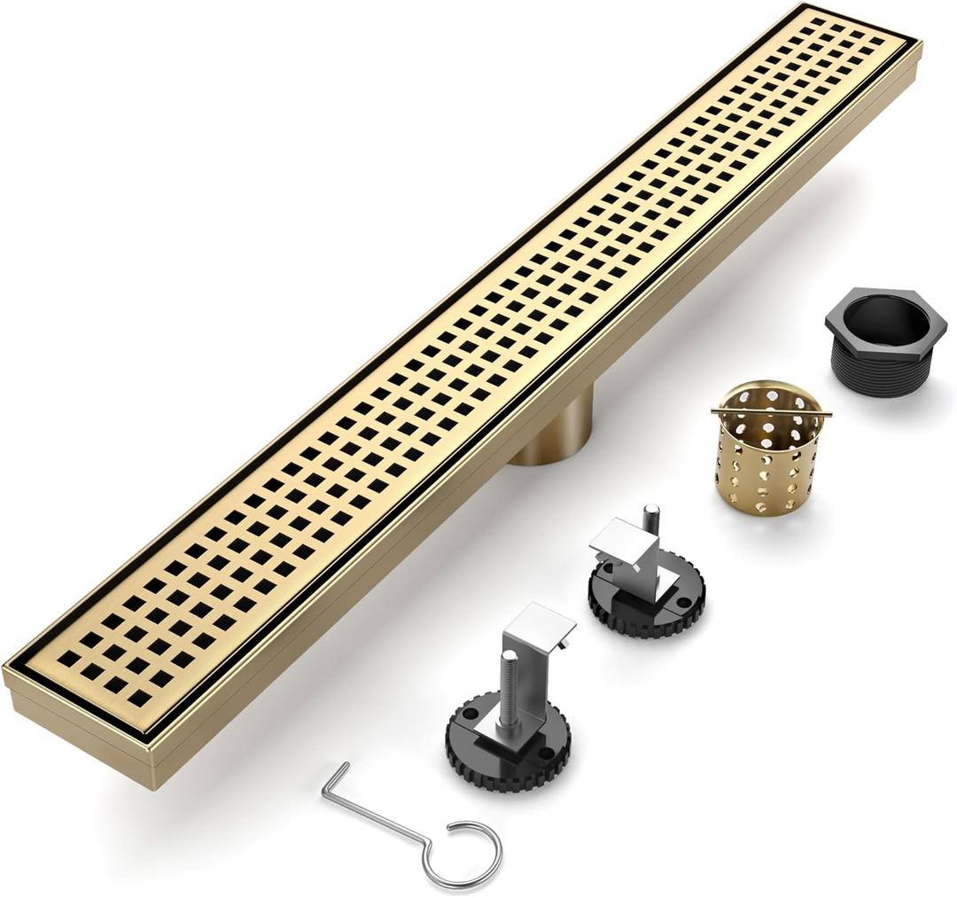 32-Inch Brushed Gold Linear Shower Drain, 304 Stainless Steel Long Linear Drain with Quadrato Pattern Grate, Rectangle Shower Floor Drain with Adjustable Feet, Hair Strainer, Fits Bathroom, Balcony