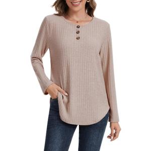 Women Long Sleeve Sweater Button Crewneck Fall Winter Tunic Tops Plus Size Shirts Loose Fit Dressy Casual Blouse (XL)