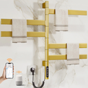 ENZE Smart Rotating Heated Towel Rack for Bathroom, 5-Bar Wall-Mounted Electric Towel Warmer with Swivel Bars, Wi-Fi App Control, 24H Timer, Stainless Steel, IPX5, Hardwired/ Plug-in, Gold